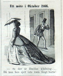 Ett möte i Oktober 1866. Bildskämt om mode i Söndags-Nisse – Illustreradt Veckoblad för Skämt, Humor och Satir, nr 42, den 14 oktober 1866