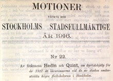 Motion om dyrtidshjälp för år 1917 åt lärarinnorna vid de av staten understödda högre flickskolorna i Stockholm - Stadsfullmäktige 1916