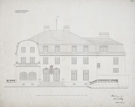 Ferdinand Bobergs ritning av Slottets fasad mot söder på Waldemarsudde från år 1903.