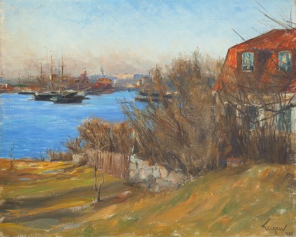 Målad landskapsvy från Waldemarsudde med utsikt mot vattnet och Stockholm i norr.