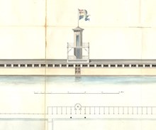 Ritning till ”Gjörckeska badinrättningen” vid norra Riddarholmen 1844
