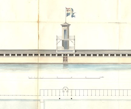 Beskuren bild av färglagd ritning med lång låg byggnad och blåskimrande vatten framför. Mitt på byggnaden finns ett hopptorn med två avsatser.