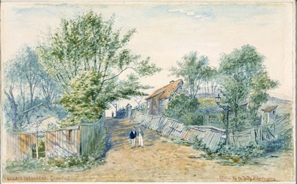 Promenerande par på en gata på Åsöberget, förfallna trähus och igenvuxna trädgårdar
