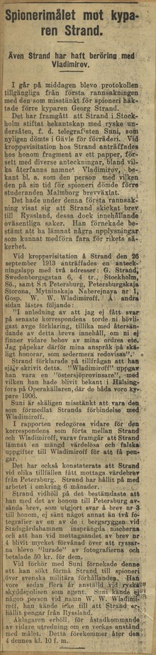 Tidningsnotis om spionmisstänkta kyparen Per Gustaf Bertrand Strand
