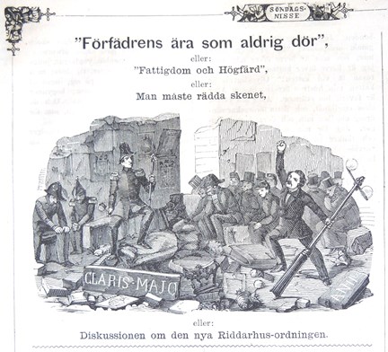 ”Förfädrens ära som aldrig dör”. Bildskämt om den nya Riddarhusordningen i Söndags-Nisse – Illustreradt Veckoblad för Skämt, Humor och Satir, nr 16, den 22 april 1866