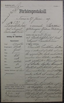 Carl August Lundström slåss med gardister iförd kvinnokläder - polisförhör 1889