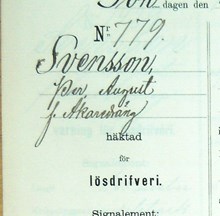 F.d. åkaredrängen Per August Svensson, 22, häktad för lösdriveri 28 november 1886 - polisförhör