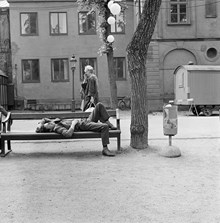 Liggande man på parkbänk i Kungsträdgården
