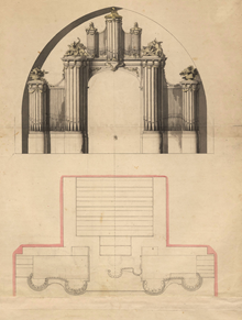 Ritning till orgelverk i Klara kyrka, olika förslag