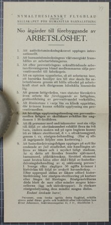 Nio åtgärder till förebyggande av Arbetslöshet - flygblad från Sällskapet för Humanitär Barnalstring 1923
