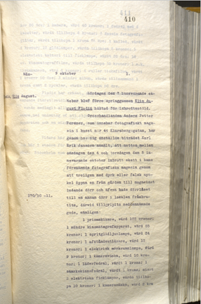 Polisrapport 1911 angående inbrottstjuven Elis August Flodin.