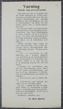 Varning rörande vissa preventivmedel - flygblad 1909
