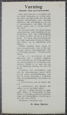 Varning rörande vissa preventivmedel - flygblad 1909