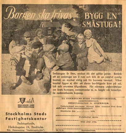 Utklippt gulnad tidningsannons med text och bild av grupp med glada barn med småstugor i bakgrunden