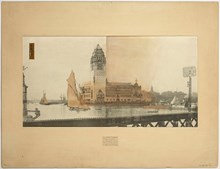 Ragnar Östbergs tävlingsförslag Rådhus ”Mälardrott” 1905, perspektiv från järnvägsbron