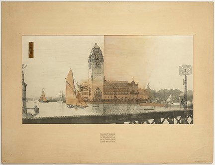 Perspektivskiss i blandteknik där en vision av ett rådhus ritats in i tusch och akvarell på ett fotografi