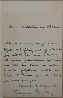 August Strindberg kräver inte mer betalt än andra författare - brev till bokförlag 1905
