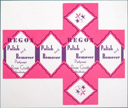 tryckt emballage i rosa och lila med text