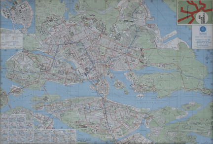Karta över kollektivtrafiken i Stockholm år 1968. 