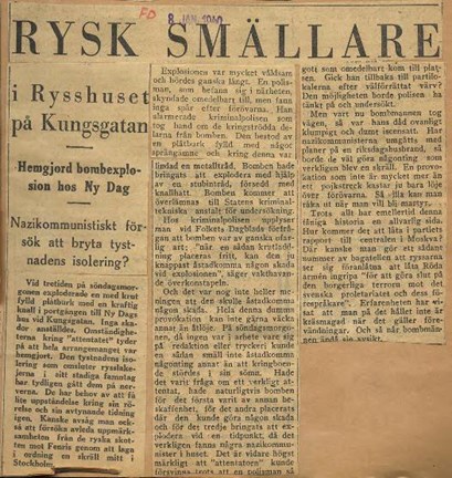 Artikel om bomben i Ny dags lokaler, ur tidningen Folkets Dagblad 8 januari 1940.
