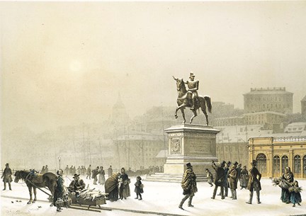 Vinterbild med staty föreställande Karl XIV Johan mot bakgrund av Fiskarhuset 