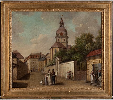 En målning med en kyrka i bakgrunden med personer som promenerar på gatan längs en mur.