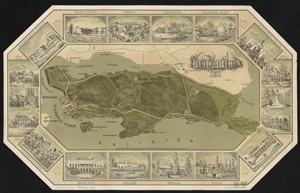 Karta över Djurgården med illustrationer, utgiven av S. Leczinsky år 1866.