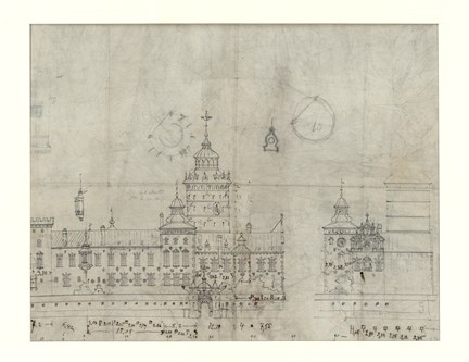 Tecknad ritning över byggnad med tinnar och torn