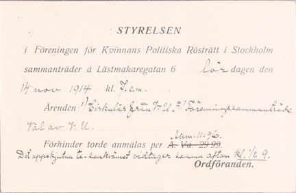 Inbjudan till styrelsemöte LKPR Stockholm 1914