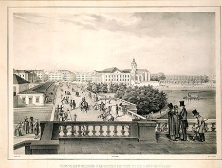 Utsikt över Norrbro och Gustaf Adolfs torg 1841.