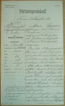 Änkan Augusta Maria Blomquist, 44, varnad för lösdriveri 21 november 1890 - polisförhör