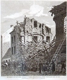 Ruinerna af katolska kyrkan i Norra Smedjegatan, efter tornraset den 23 maj. Litografi i Ny Illustrerad Tidning, nr 22 den 2 juni 1866