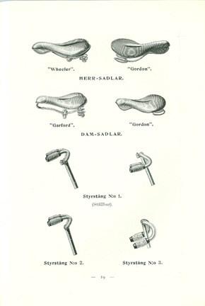 Illustrationer av sadlar och styren från Wiklunds velocipedfabriks aktiebolag