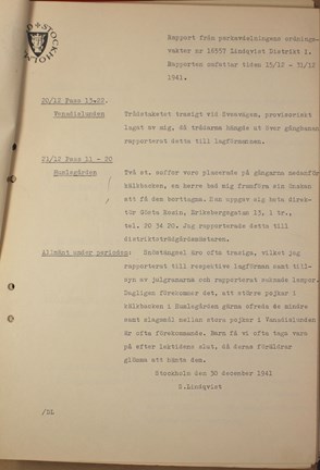 Maskinskriven rapport från en parkvakt i oktober 1941