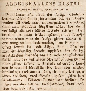 Arbetskarlens hustru - socialreportage av Wendela Hebbe i Aftonbladet 21 januari 1846