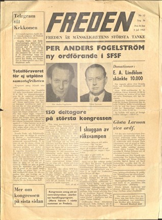 Svenska fred- och skiljedomsföreningens tidning Freden visar Per Anders Fogelström som ny ordförande 1963