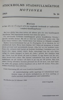 Motion angående inrättande av radiotelefon i stadens handikappbussar - Erik Trädgårdh (m), Stadsfullmäktige 1969