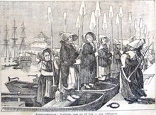 Roddarmadamerna i Stockholm rusta sig till krig – mot vefsluparna. Teckning i Illustrerad Tidning, nr 3 den 20 januari 1855.