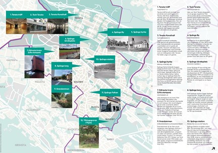 Kartbild över Spånga och Tensta med utpekade platser inklusive bilder. Till höger finns texter om vardera plats.