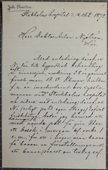 Stockholms hospital för sinnessjuka vill ha hjälp med patient - brev till Dr Nyström 1892