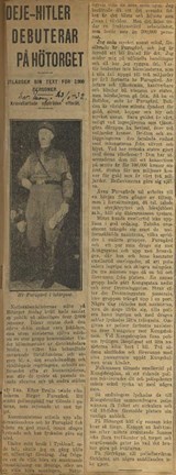 Artikeln "Deje-Hitler debuterar på Hötorget", ur tidningen Svenska Morgonbladet den 23 januari 1932.