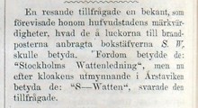 Om kloakernas utmynnande i Årstaviken. Satirisk notis i Söndags-Nisse – Illustreradt Veckoblad för Skämt, Humor och Satir, nr 40, den 30 september 1866