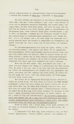 Text angående införandet av en ny välgörenhetsorganisation kallad Mors blomma från 1938