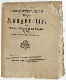 Öfwer-Ståthållare-Embetets Förnyade Kungörelse Om Resandes skyldighet at med Rese-Pass sig förse. 1799.