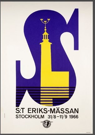 En affisch i gult och blått i 1960-talsstil som visar ett stort S och en siluett av Stockholms stadshus i mitten av S:et. S:t Eriksmässan