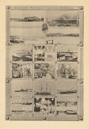Fotocollage med bilder från Bergsunds Mekaniska Verkstad, Finnboda slip, verkstäder och fartyg.