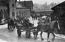 De sista hästarna lämnar Västra renhållningsstationen på Norrbackagatan  den 11 januari 1952