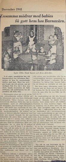 "Ensamma mödrar med babies få gott hem hos Barnavärn" - tidningsnotis 1941
