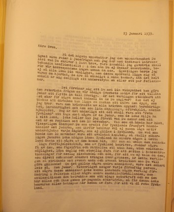 Brev från Olof Herman Lamm till Sven Hedin, det tredje i en brevväxling rörande förföljelsen av judar, 1944