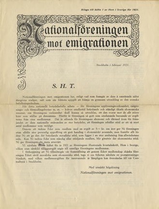Första sidan ur Nationalföreningen mot emigrationens stadgar, med inledning.